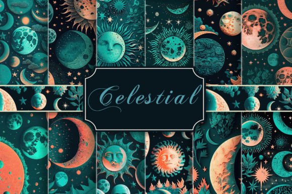Celestial Themed Coral and Teal Patterns